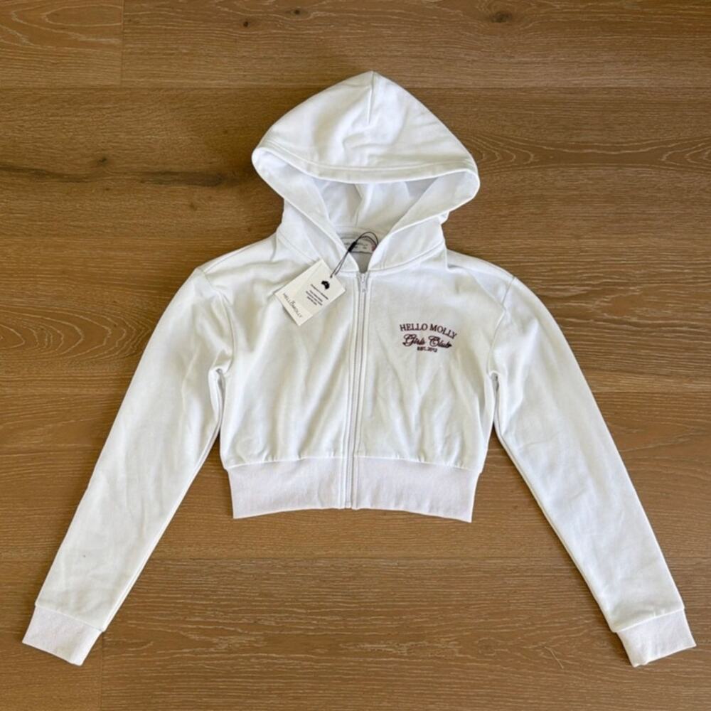 Hello Molly Base Lucky Girl Crop Zip Up Hoodie Size US 6 in White Red